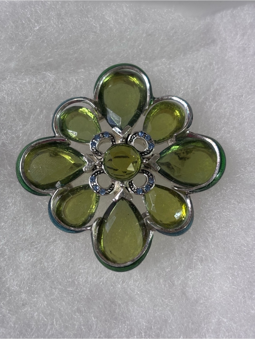 Vintage Monet 2 Inch Brooch Green Glass Flower Silver Tone  Signed